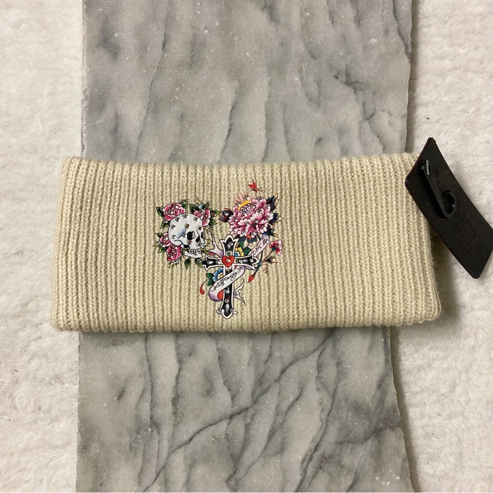 Ed Hardy Knit Headband New Cream Skull Floral y2k 2000s